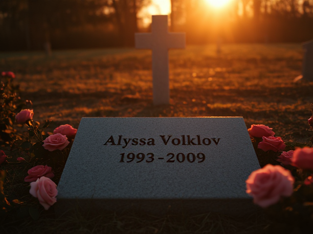 A grave that has the name 'Alyssa Volklov 1993-2009' engraved on it with roses surrounding it