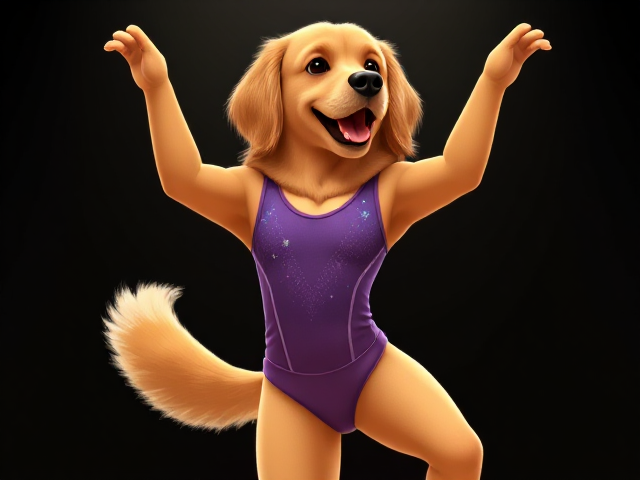 A golden retriever gymnast wearing a leotard