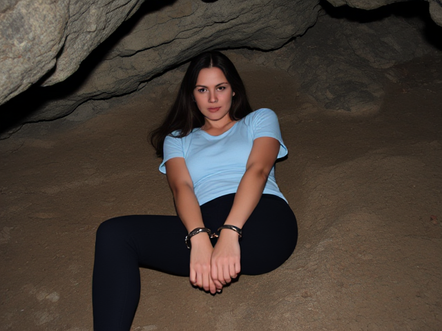 Brunette wearing a light blue t shirt and dark blue leggings left lying  in a mountain cavern handcuffed