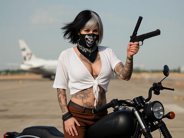 Thick, young, nymph Goth girl, black silver short hair, covered in tattoos, white sheer shirt, brown pants,neck to belly tattoo, face covered with skull bandana, same girl, revolver, on a bike, standing on runway, jet plane in background.