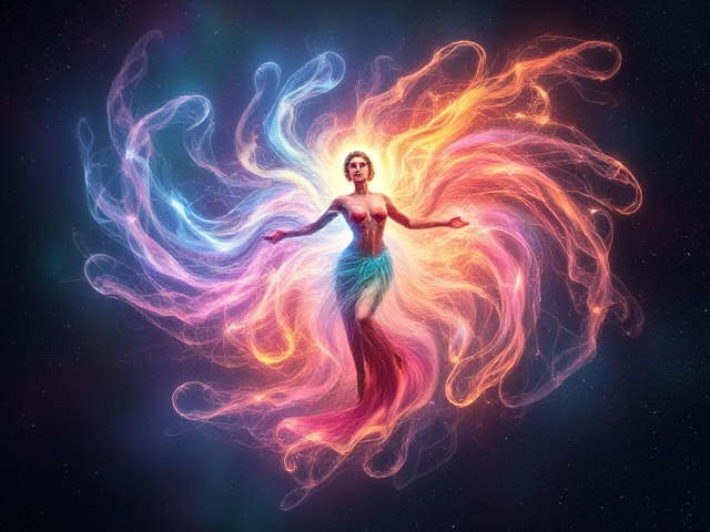 Imaginary ethereal being composed of swirling, radiant light with vibrant colors and intricate patterns, floating in a cosmic space background