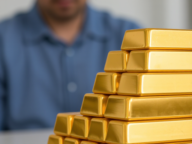 Place a neat stack of gold bars in the right-center part of the image, slightly behind the person and text. The bars should be shiny with a polished metallic golden surface. Add subtle reflections and light glares on the edges to enhance their realistic look. Ensure the stack is angled slightly to create depth and fits naturally with the background.