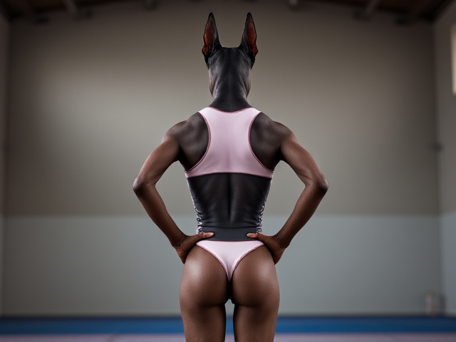Anthropomorphic Doberman wearing a gymnastics leotard, posing with emphasis on its hips in a gymnasium setting, detailed and vibrant colors