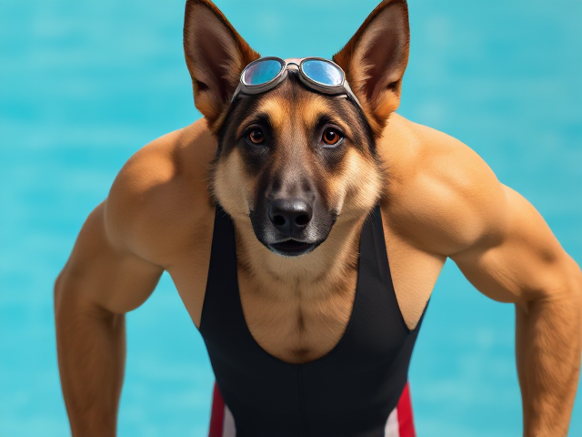 A tall anthropomorphic German shepherd Olympic swimmer with a long torso and broad shoulders wearing a racing swimsuit and goggles