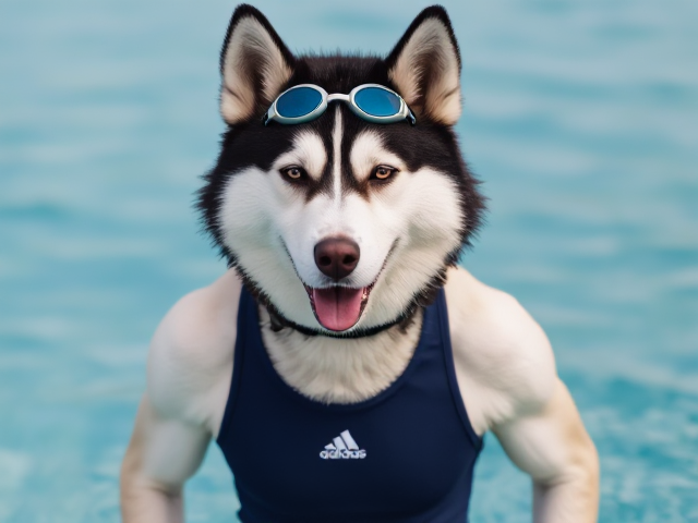 A anthropomorphic Siberian husky wearing an adidas swimsuit and swimming goggles