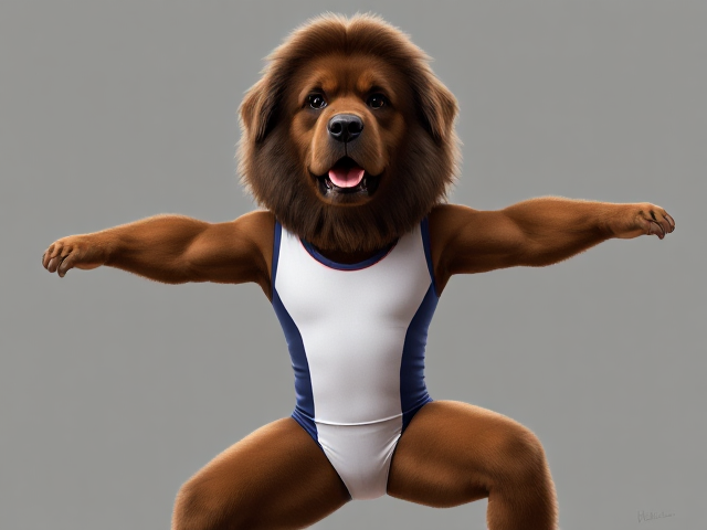 A anthropomorphic Newfoundland dog Olympic gymnast wearing a leotard