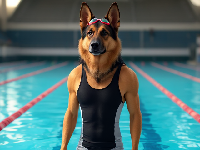 A tall anthropomorphic long haired German shepherd with a long torso and broad shoulders, wearing a high cut Nike one piece swimsuit and swimming goggles, in a Olympic swimming pool