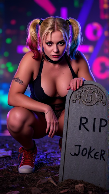 A poignant and hyper-realistic portrait of a muscular Harley Quinn, whose powerful physique is barely contained by her torn and tattered clothing. Her eyes are filled with sadness and her facial features are marked by age and hardship. She is crouched next to a tombstone inscribed with the words “RIP Joker” casting a shadow over her broken posture. The colorful and psychedelic background highlights the otherworldly lighting, which effectively highlights the emotional depth of the scene. Shot on a Canon EOS R5 and a 50mm lens, this image captures every detail of her sculpted muscles and the fatigue etched on her face.