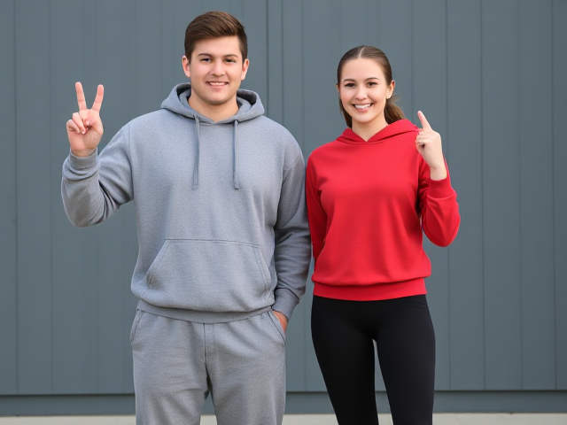 Certainly! Here’s a single, cohesive paragraph describing both individuals and their bodily proportions for your blind artist:

In the image, two young people stand side by side, both facing the camera with upright postures and a sense of enthusiasm. The person on the left, who presents as male, appears slightly taller—likely around 5'10" to 6'1"—and has a broad, stocky build with wide shoulders and a fuller midsection. He wears a comfortably loose gray hoodie and sweatpants, and his right arm is raised to make a peace sign while his left arm hangs at his side. Next to him is a female-presenting individual, a bit shorter at around 5'6" to 5'9", with an average, athletic build that suggests she is active. She has narrower shoulders, a defined waist, and wears a slightly loose red sweatshirt with fitted black leggings that show her proportionate and athletic lower body. She smiles warmly at the camera, pointing her right index finger upward, while her left arm is relaxed and holding a water bottle. Their body language is relaxed and confident, and their proportions and clothing express both comfort and readiness for spring sports.