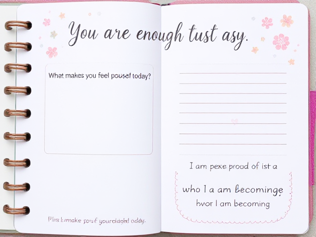 "Design a girls' inspirational journal interior. The layout should feature three key elements on the page:

1. At the top, place a motivational quote: 'You are enough just as you are.' The font should be elegant and handwritten-style. Surround the quote with soft, pastel decorations like flowers, stars, or gentle swirls.
2. In the middle section, include the question: 'What makes you feel proud of yourself today?' Use a bold, easy-to-read font and leave ample space for writing underneath. Add simple, whimsical illustrations such as hearts, butterflies, or doodles to make the area more inviting.
3. At the bottom, have an affirmation: 'I am proud of who I am becoming.' Use a modern script font for this and frame it with subtle border designs like vines, clouds, or soft, curved lines.

The overall color scheme should be calming pastels, such as lavender, blush pink, and mint green, to give the page a soft and inspiring vibe. Keep the design simple but unique, ensuring that it feels warm and motivating for the user."