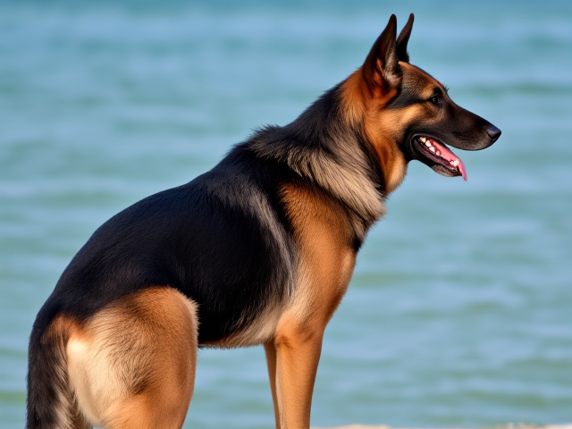 A German shepherd wearing a swimsuit that highlights her hips