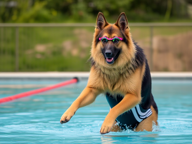 A tall anthropomorphic long haired German shepherd wearing an adidas swimsuit and swimming goggles stretching before a swim