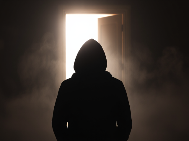 A silhouetted figure stands with their back to the viewers, gazing at a glowing doorway that exudes an inviting light. The figure’s hoodie casts a shadow over their face, leaving their identity a mystery. Surrounding them, the air is thick with swirling mist, hinting at hidden potential and secrets waiting to be uncovered. The doorway's illumination highlights cryptic symbols or hints of accomplishments just beyond reach, enticing viewers to wonder what lies behind. The background is dim and atmospheric, focusing all attention on the figure and the tantalizing light, invoking a sense of anticipation and intrigue about the journey of hard work in silence.