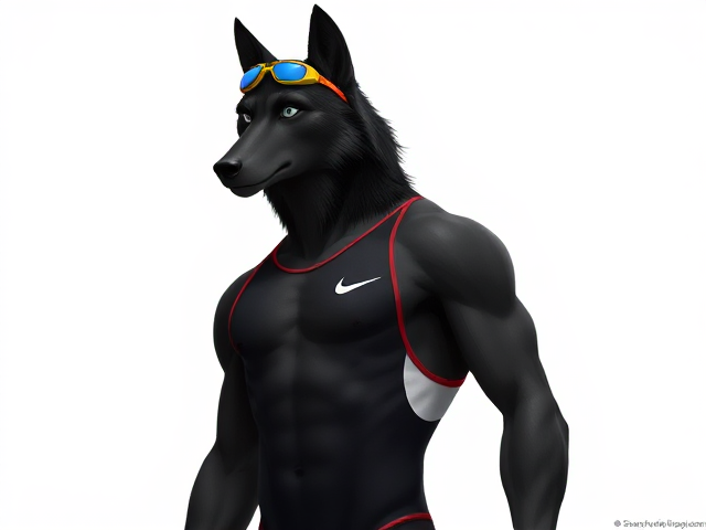 A tall and lean anthropomorphic black wolf with a long torso and broad shoulders wearing a high cut Nike one piece swimsuit and swimming goggles