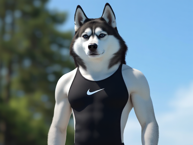A tall and lean anthropomorphic Siberian husky with a long torso and broad shoulders wearing a high cut Nike one piece swimsuit and swimming goggles