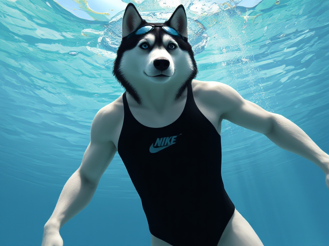A tall and lean anthropomorphic Siberian husky with a long torso and broad shoulders, wearing a black Nike one piece swimsuit and swimming goggles, underwater