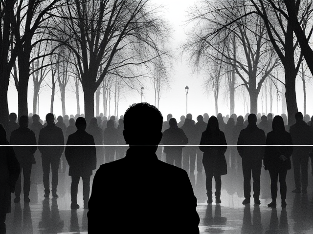 create an image that shows a silhouette of a person looking into a crowd of silhouettes, but label a a line that states 10m between them to show the distance. No shadows. Make it a public setting like a park