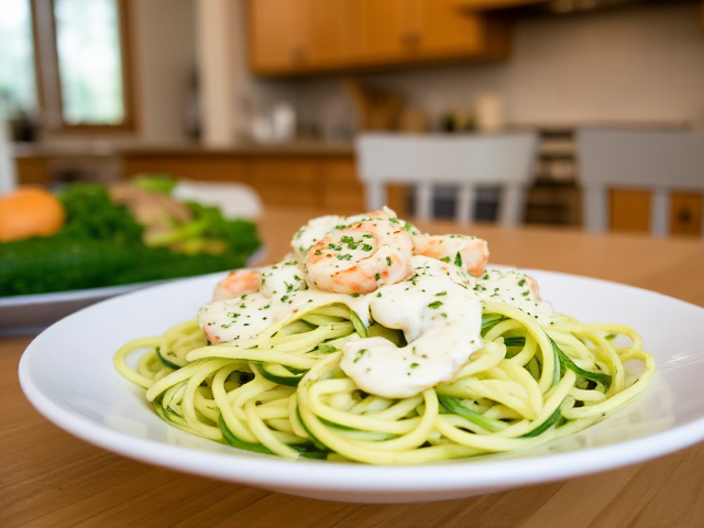 in a warm and welcoming kitchen, we see this on the table. This creamy and satisfying dish features zucchini noodles tossed in a rich Alfredo sauce, perfect for a light yet indulgent keto lunch. Add grilled chicken or shrimp for extra protein. It’s a quick, low-carb take on a classic comfort food.