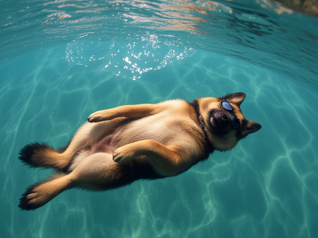 A long-haired German shepherd dog serenely floating on its back in crystal clear water, wearing sleek freediving goggles, with sunlight glistening and reflecting off the water surface