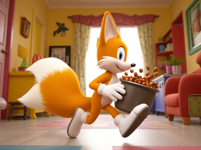 A side shot of A young and adorable depiction of a smaller, younger version of Miles "Tails" Prower the two tailed fox wearing gloves and white socks. He is running through a brightly lit, colorful house with playful decorations and furniture, carrying a GIANT pot of baked beans that he totally didn't steal. Beans are splashing out of the pot as Tails mischievously looks behind him to ensure he isn't being chased. His two fluffy tails are flowing behind him dynamically, adding to the sense of motion and excitement in the scene.