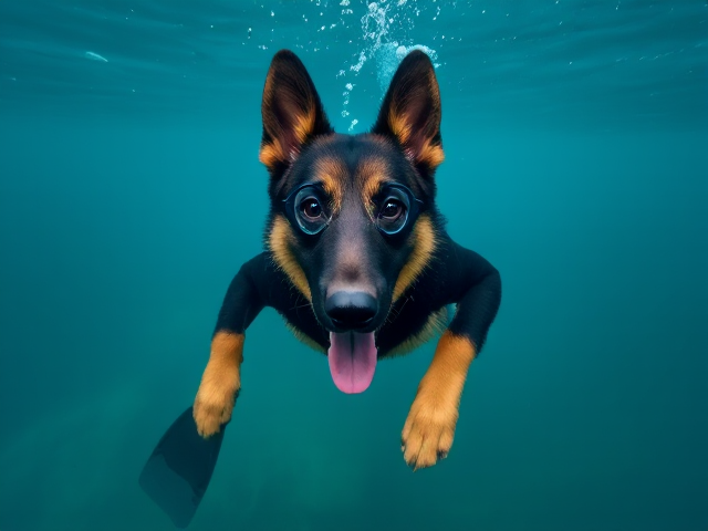 German shepherd Freediving wearing fins a wetsuit and goggles