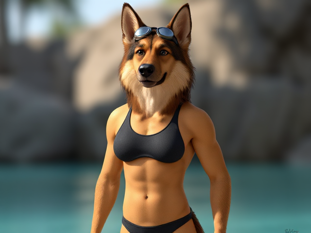 A anthropomorphic long-haired German shepherd with a long torso and broad shoulders wearing a one-piece swimsuit and swimming goggles
