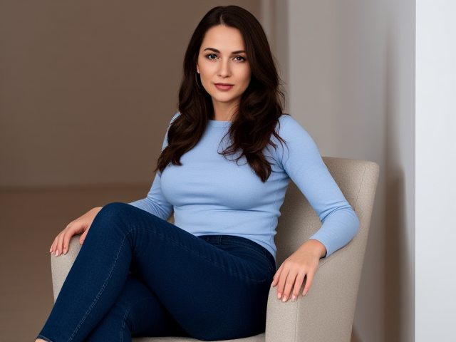 Brunette actress with dark hair wearing a light blue long sleeve top and dark blue skinny jeans full body view on a chair