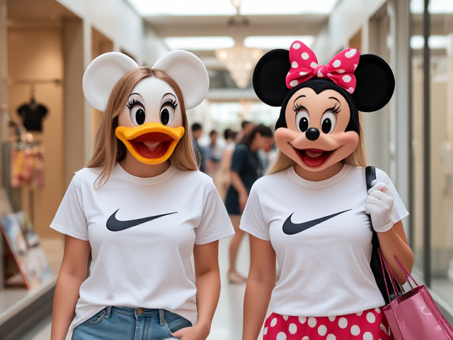 Lesbians in t-shirt white Nike Daisy duck and Minnie mouse shopping