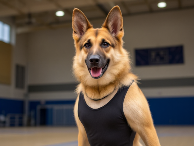 A anthropomorphic German shepherd with blonde hair wearing a gymnastics leotard in a gymnasium