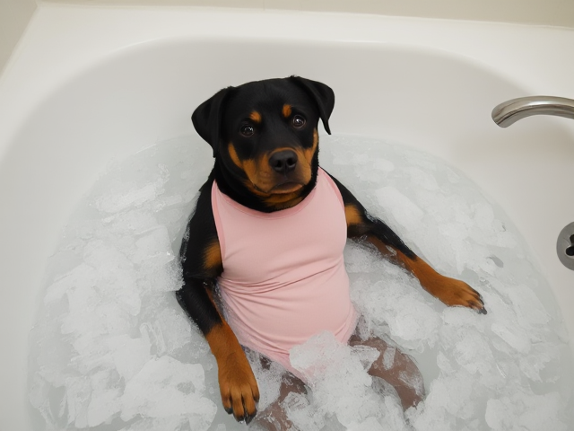 A anthropomorphic Rottweiler wearing a gymnastics leotard submerged in a bathtub full of ice