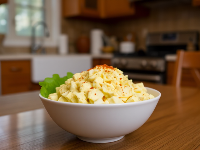 in a cozy kitchen on a table we see a bowl of Keto Deviled Egg Salad 🥚
Ingredients:
4 boiled eggs, chopped
2 tbsp mayonnaise
1 tsp mustard
1 tsp paprika
Instructions:
Mix eggs, mayonnaise, and mustard until creamy.
Sprinkle with paprika before serving.
Summary:
This deviled egg salad is creamy, tangy, and perfect for a quick keto lunch. Serve it on lettuce wraps or enjoy it on its own. So simple, yet so good!
