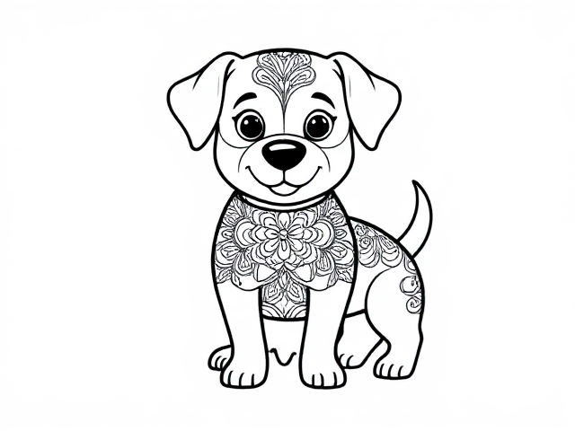 Create a simple black-and-white coloring page featuring a cute little dog designed in a sketch style. The dog should be illustrated as a full-body outline in a mandala style, ensuring it appears playful and approachable for young children aged 2 to 4. Design the dog with basic,friendly features, emphasizing a round body incorporating . Include a friendly expression to enhance its inviting character.