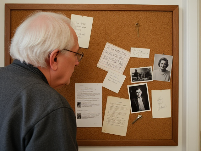 A corkboard with pinned notes, old photographs, and maybe a key or two will make the space feel personal and lived-in, while also adding a subtle layer of curiosity. It can look like the old man is trying to piece together clues about what's happening in the secret room.