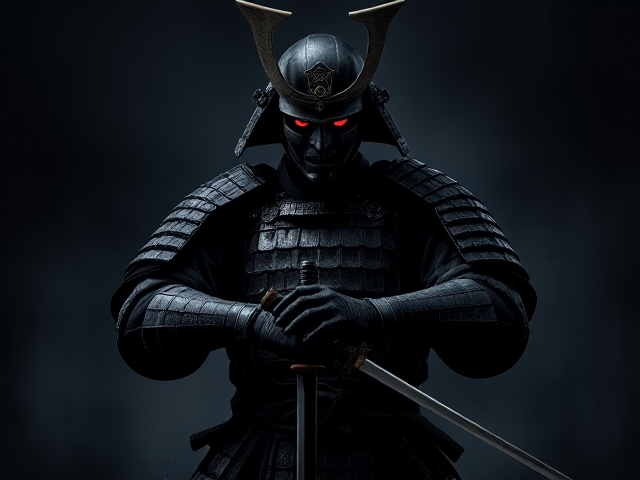 A Ghost of Tsushima art style image of a dark, menacing samurai warrior in full battle armor stands ready, gripping his katana with both hands. The samurai’s face is hidden behind a fearsome mask with glowing red eyes. The background is shadowy and atmospheric, creating an ominous and intense mood. The image should be stylized in dark tones, with a focus on the samurai's details, including worn armor and the menacing aura around him.