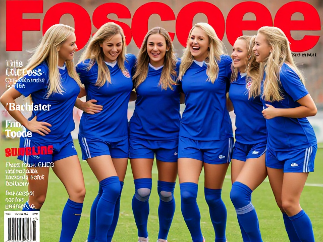 Beautiful forty-something blonde women’s soccer team in blue uniforms with blue thigh-high socks and knee pads howling in laughter on a magazine cover