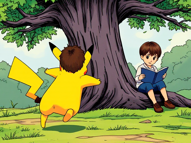 Un pikachu qui poursuit le garçon avec de cheveux longs et bruns ,à côté il y’a un garçon avec les cheveux courts et lisse qui lit un livre sur un arbre