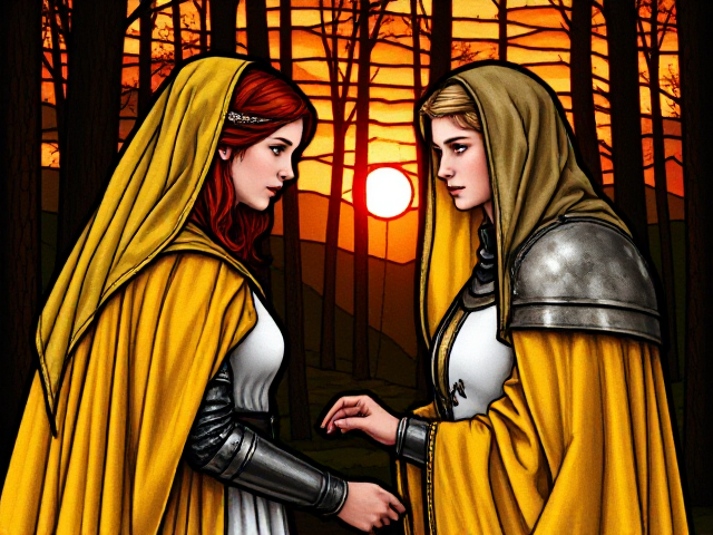 Medieval stained glass of a red headed teen girl wearing a bright yellow cloak and white tunic with a flame covered veil marrying a blonde knight in the forest at sunset.
