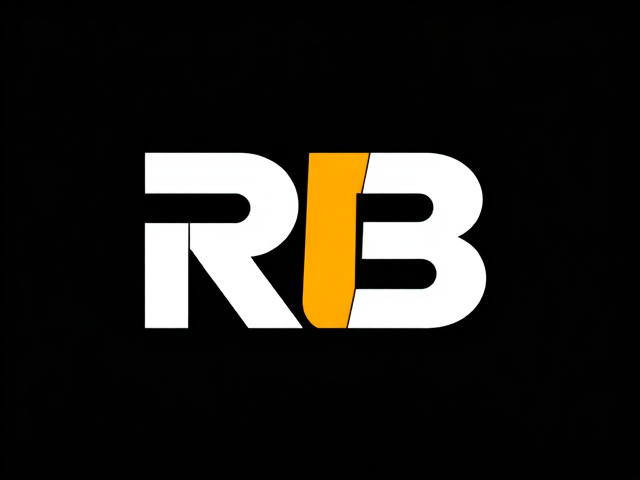 Create a logo using only the letters R and B in a bold, modern font. The R should be in a dark color, such as white  representing strength and stability. The B should be in a bright color, like yellow, orange, or red, symbolizing energy and action. Both letters should have a slight tilt or upward movement to give a sense of momentum and growth. Keep the design clean and simple with a black or white background to make the letters stand out clearly. No additional symbols are needed—just focus on the strong, impactful typography of "R" and "B."