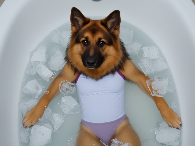 A anthropomorphic long haired German shepherd wearing a gymnastics leotard submerged in a bathtub full of ice