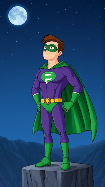 Cartoon scene: A young, Autistic 25-year old boy with light skin and flat, smooth, and slick brown hair named T.J. Granger, but transformed into a genetically-altered superhero named Powerman, who, despite still being a young adult kid, has an extremely muscular body. He wears a sleek purple suit with a green P symbol on his chest, a gold belt with a circular buckle, green briefs, green boots, green long-cuffed gloves, a really big, toe-length long, ultra-wide green cape wreathed around his neck, and a green eye mask that protects his true identity. He also has incredible and invincible superpowers flowing through his veins. In this scene, Powerman is currently standing on a tall cliff at night as he gazes up to the stars, wondering what his true destiny is.