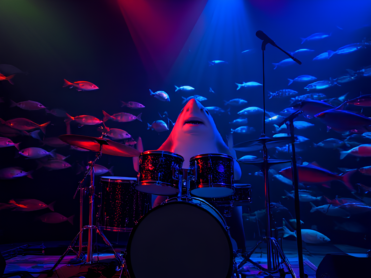 a shark playing on a laser drum set for a bunch of fish