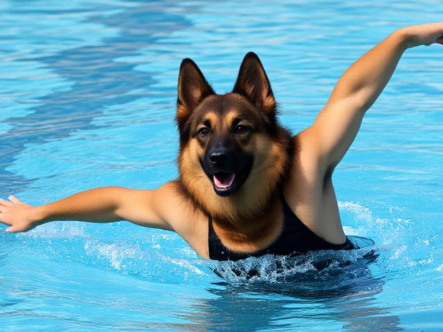 A anthropomorphic long haired German shepherd Olympic swimmer, stretching while wearing a one piece swimsuit and swimming goggles