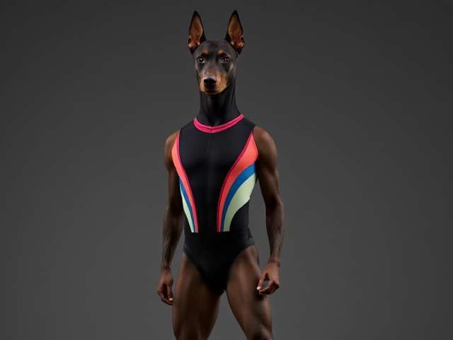 Anthropomorphic Doberman wearing a sleek and colorful gymnastics leotard, standing in an elegant gymnastics pose, showcasing muscular build and agility, with expressive canine facial features