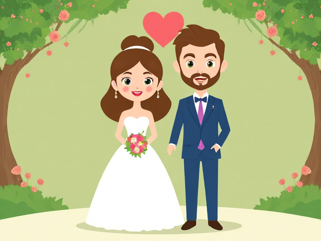 one male and one female cute cartoon characters for a wedding invitation