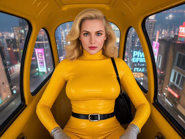 in 2160s a retro futuristically 1950s style city Evelyn, a 32-year-old blonde woman, blending the elegance of Marilyn Monroe and Jayne Mansfield, is seated in a futuristic, yellow self-driving (flying taxi:1.2) soaring above the city. Evelyn has a normal hourglass figure with large tits hanging down her navel, a symmetrical face with pale skin, and blue eyes. Her long, 1950s-style, mid-back length blonde hair is softly wavy. She wears a ((tight, long-sleeved, high-neck yellow rubber jumpsuit)) that reflects the surrounding city lights. The bodysuit is glossy and sleek, with a mirror-like finish that captures the vibrant neon lights of the futuristic city and the taxi's glowing interior. She wears a thin black leather belt, a black handbag, and silver latex gloves that reach up to her elbows. The taxi interior, with its metallic surfaces, lights, and reflections, mirrors on her suit. Evelyn’s face, however, is soft and natural, with subtle details—her skin is smooth and healthy, but not glossy or plastic-like. The focus is on her calm, focused expression, and the realistic texture of her skin contrasts with the high gloss of her outfit. The retro-futuristic city below is a blend of 1950s-style architecture mixed with modern flying cars, robots, and holographic advertisements. The cityscape has neon lights, metallic buildings with rust spots, and vintage cafés. The taxi’s clear windows show the glowing city lights streaking by as Evelyn gazes ahead.

Key Visual Keywords: Photo realistic, detailed, glossy latex, futuristic reflections, neon lights, natural skin texture, smooth skin, realistic face, retro-futuristic city, metallic textures, rust, dirt, light reflections, self-driving taxi, 2160s, vintage, 1950s, cinematic shot, dynamic lighting, sharp focus, fine details, 8k, HDR, realism, realistic, key visual, film still, cinematic color grading, 1950s supervision, depth of field, natural beauty, bokeh, sunlight, cowboy shot, surrealism, freckle, mole, wrinkle