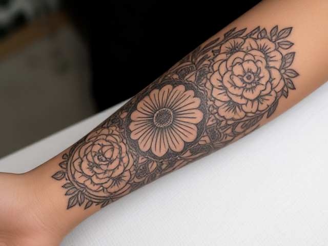 Tatouage détaillé sur avant-bras, motifs floraux et géométriques complexes, encre noire profonde, style réaliste avec ombrage subtil et texture