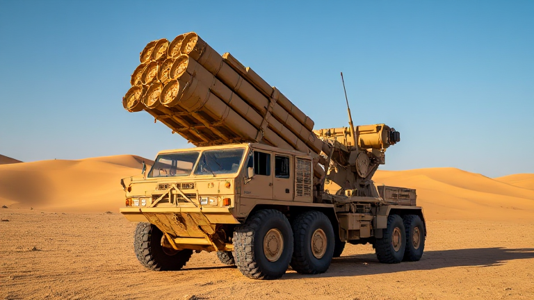 Iranian military missile launcher, highly detailed, rugged military vehicle, desert background with sandy dunes and rough terrain, clear blue sky, realistic and natural lighting