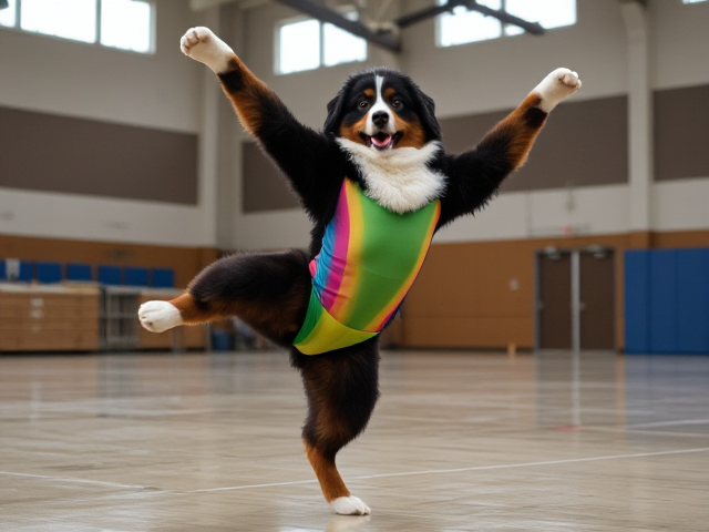 Anthropomorphic Bernese mountain dog performing gymnastics in a colorful leotard, inside a gymnasium, dynamic pose, detailed fur, vibrant colors