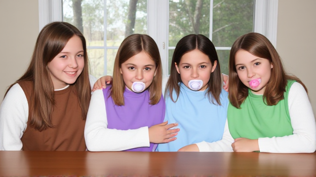Quatre filles adolescentes aux cheveux lisses et dégagé et de différentes couleurs a l'avant assis à table avec des  grands Bavoirs simple de couleurs marron violet bleu et vert et des tétines en bouches elles sont avec des pull blanc et ont des et elles se font un gros câlin et il y a une grande fenêtre derrière la table