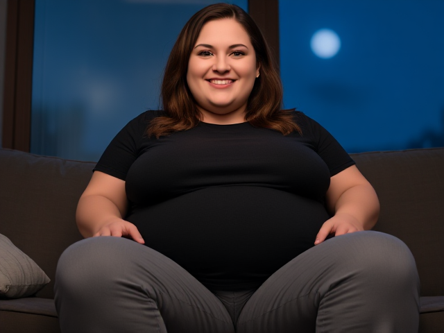 tall obese woman 25 years old light brown hair brown eyes wearing a black shirt and grey pants sitting on the couch smiling with her belly out